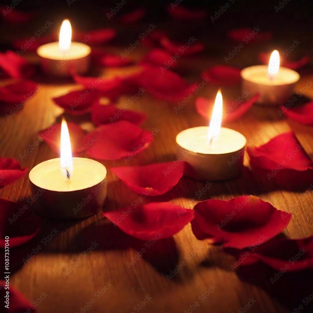 Close-up view of candles and fresh red rose petals on polished wooden surface. Valentines day Close-up view of candles and fresh red rose petals on polished wooden surface. Valentines day