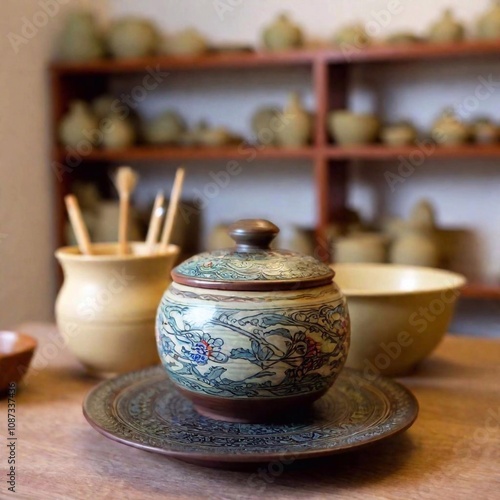 Eye-level medium shot of a collection of traditional Chinese pottery, with rack focus highlighting the smooth glaze of the central pot, while the pottery wheel and other tools in the background blur s photo