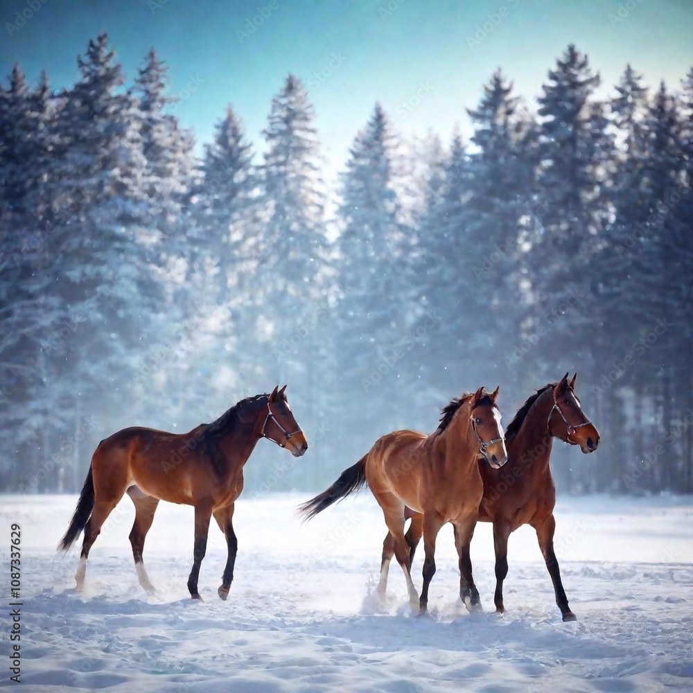 Create a photo-realistic scene of horse racing in a Winter Wonderland. Show a dramatic race with snow-covered horses and jockeys, surrounded by a serene, snowy forest and soft winter light Create a photo-realistic scene of horse racing in a Winter Wonderland. Show a dramatic race with snow-covered horses and jockeys, surrounded by a serene, snowy forest and soft winter light