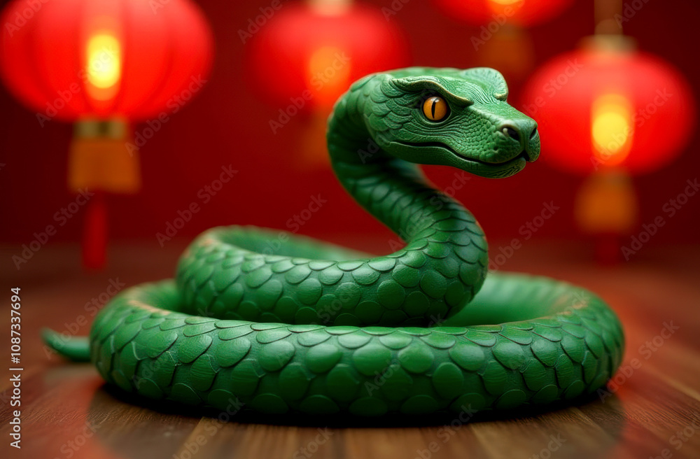 Fototapeta premium Green wooden snake on red background with chinese lanterns. Symbol of 2025 according to Chinese calendar