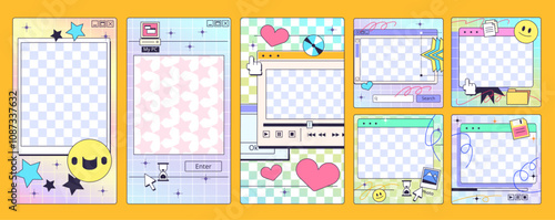 Retro interface post. Social media story posts template, vintage window frame comic fun internet poster screen elements vaporwave y2k 90s 70s design, set classy vector illustration