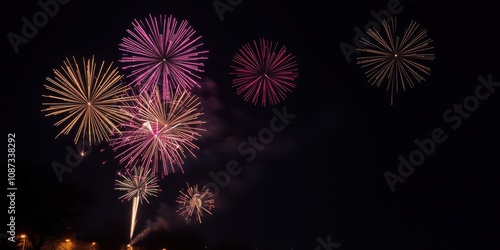 Colorful fireworks and sparkling firecrackers light up the dark sky during Lunar New Year celebrations, sparkling, fireworks