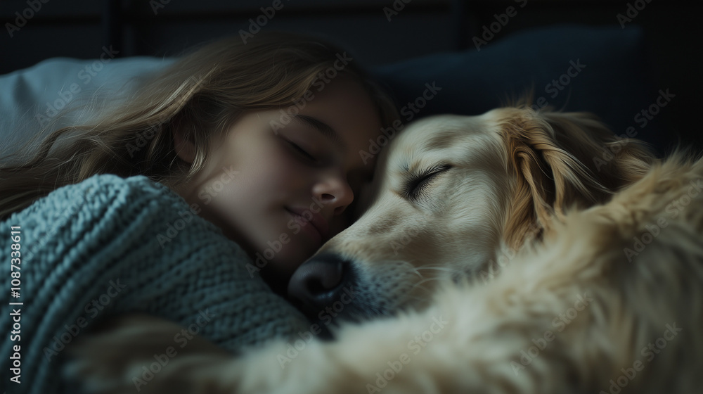 A golden retriever and a girl sharing a peaceful sleep in a dark children's bedroom at night. A golden retriever and a girl sharing a peaceful sleep in a dark children's bedroom at night.