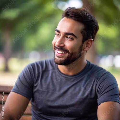 portrait of young smiling indian man at park in bangkok, thailand