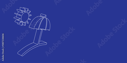 The outline of a large beach symbol made of white lines on the left. 3D view of the object in perspective. Vector illustration on indigo background