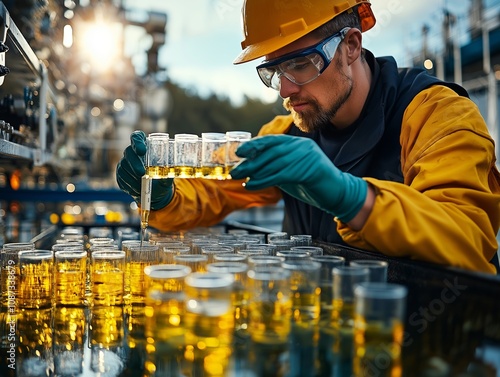 Scientist Analyzing Ocean Nutrient Samples in Laboratory, Wearing Safety Gear, Conducting Research, Marine Science Exploration, Ocean Nutrients Concept photo