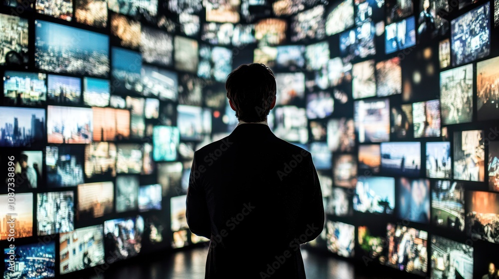 A person in a suit stands before a wall of screens displaying various images. A person in a suit stands before a wall of screens displaying various images.