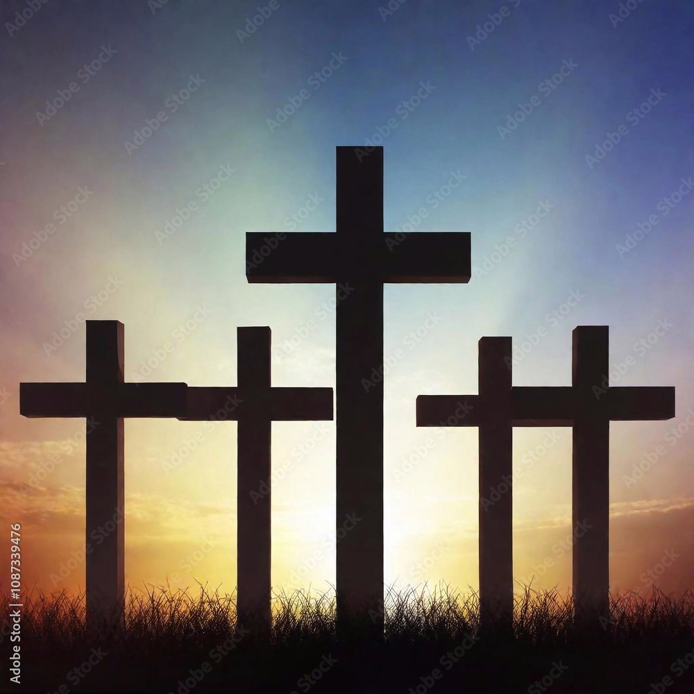 A high-resolution ultrarealistic image, digital art style, depicting three crosses silhouetted against a dramatic, textured background. The composition features a large central cross flanked by two sm A high-resolution ultrarealistic image, digital art style, depicting three crosses silhouetted against a dramatic, textured background. The composition features a large central cross flanked by two sm