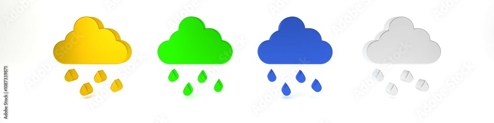 Colorful Cloud with rain icon isolated on white background. Rain cloud precipitation with rain drops. Minimalism concept. 3D render illustration Colorful Cloud with rain icon isolated on white background. Rain cloud precipitation with rain drops. Minimalism concept. 3D render illustration