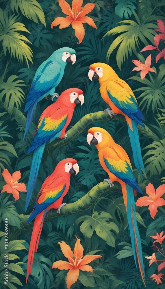 Tropical exotic pattern with animal and flowers in bright colors and lush vegetation Tropical exotic pattern with animal and flowers in bright colors and lush vegetation