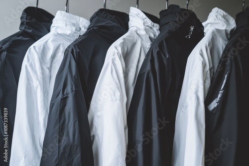 Black and white windbreakers hung together on a white background photo