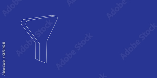 The outline of a large funnel symbol made of white lines on the left. 3D view of the object in perspective. Vector illustration on indigo background