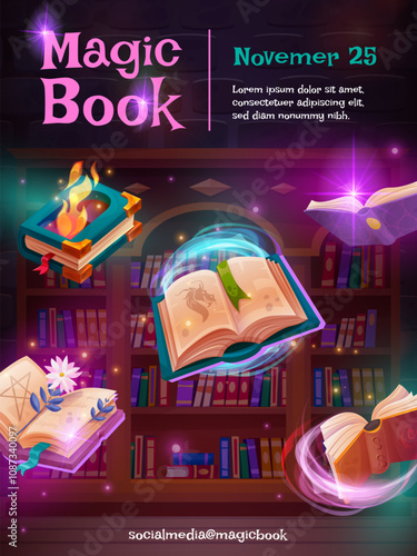 Flying magic books. Wizards school library with floating glowing magical books, reading poster or fantasy game web banner fairy tale storybook read, swanky vector illustration