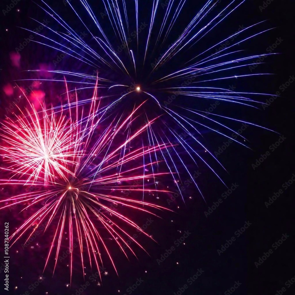 A high-resolution ultrarealistic image of vibrant fireworks illuminating the night sky in digital art style. The scene captures an explosion of colors with red, blue, and white hues radiating outward A high-resolution ultrarealistic image of vibrant fireworks illuminating the night sky in digital art style. The scene captures an explosion of colors with red, blue, and white hues radiating outward
