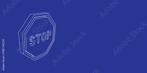 The outline of a large stop road sign made of white lines on the left. 3D view of the object in perspective. Vector illustration on indigo background