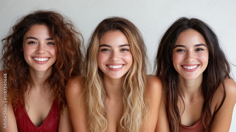 A lively image featuring three smiling women with diverse hair colors, including red, blonde, and black, highlighting the joy and diversity among friends. A lively image featuring three smiling women with diverse hair colors, including red, blonde, and black, highlighting the joy and diversity among friends.