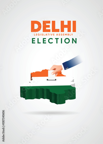 Delhi Legislative assembly election 2025 hand putting vote in 3d map vector poster