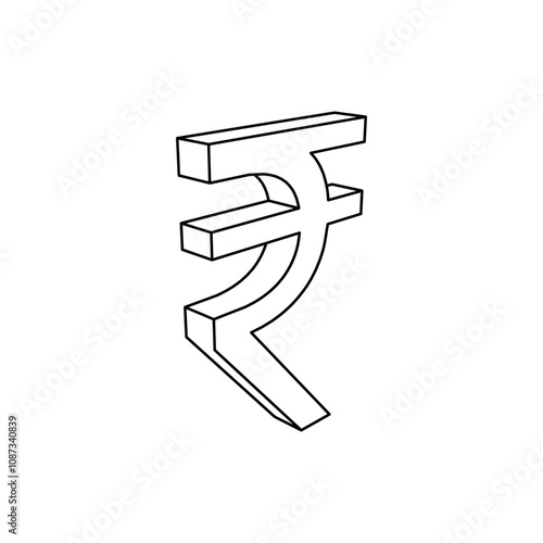 The outline of a large indian rupee symbol is made with black lines. 3D view of the object in perspective. Vector illustration on white background