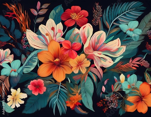 modern floral print with a plethora of different flower types botanical themes from the tropics are strewn around haphazardly cloth with a drawn pattern on a black base generative ai photo