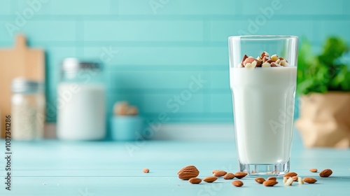 A clear glass filled with almond milk is topped with a variety of nuts, placed on a blue background, showcasing a modern take on plant-based nutrition. photo