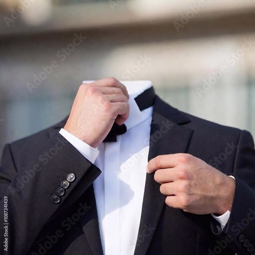 A high-resolution ultrarealistic image of a man in a classic black tuxedo. The digital photograph captures him from the mid-torso up. The man is adjusting his suit jacket with one hand while the other