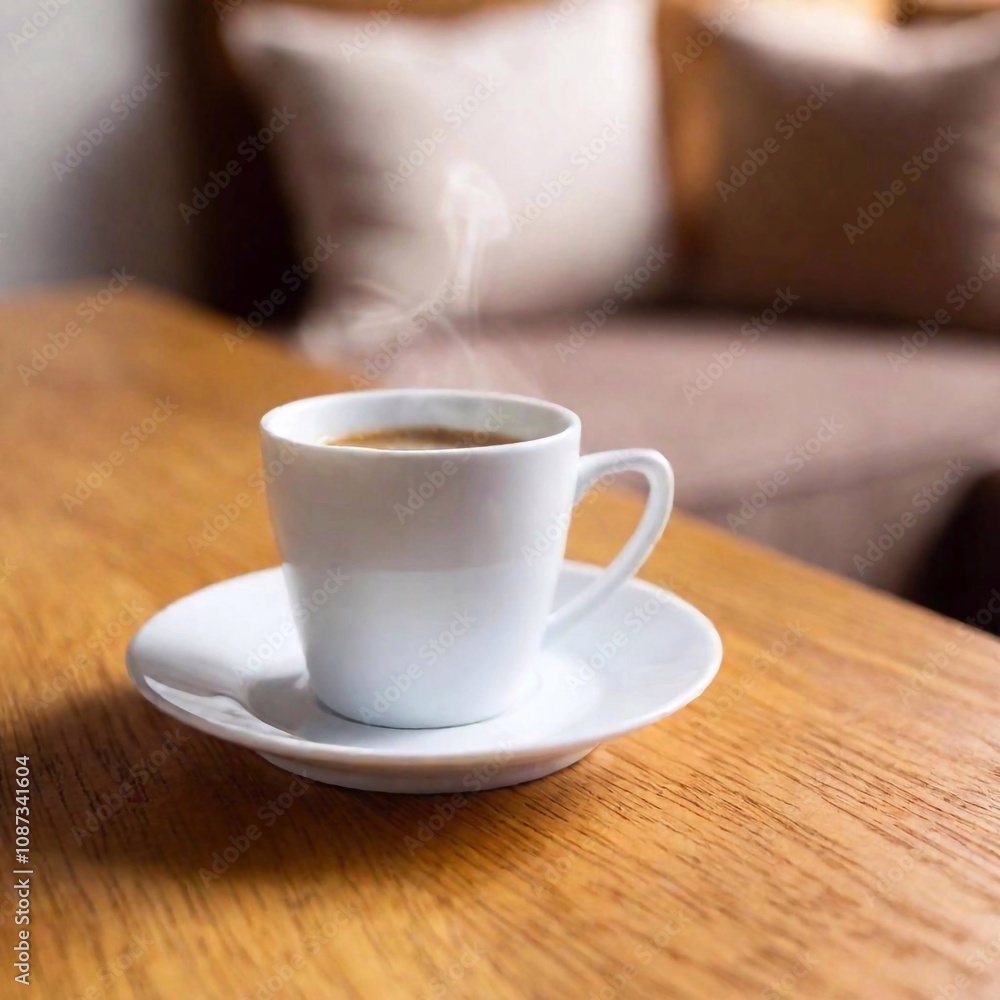 A high-resolution ultrarealistic image in photography style featuring a steaming white coffee cup placed on a small white saucer, with a silver spoon resting beside it. The cup is centrally positioned A high-resolution ultrarealistic image in photography style featuring a steaming white coffee cup placed on a small white saucer, with a silver spoon resting beside it. The cup is centrally positioned