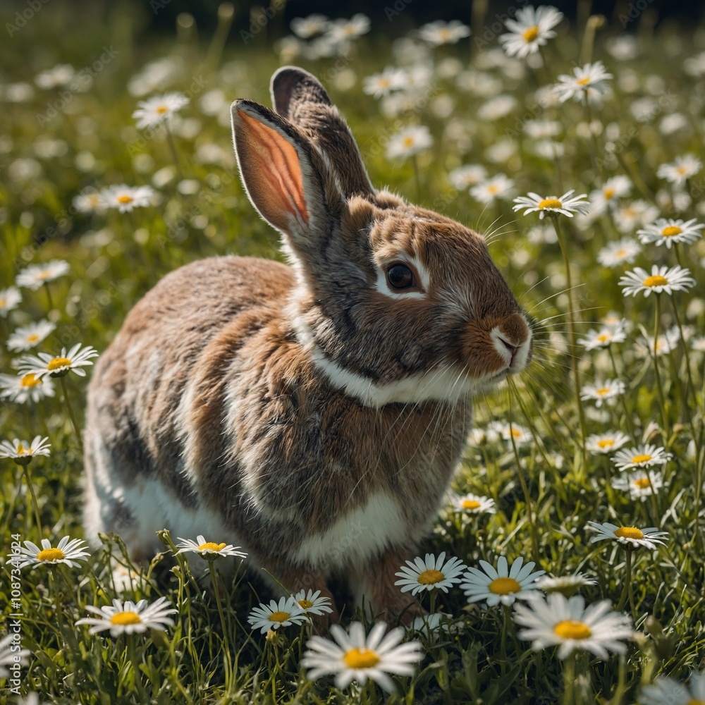 Fototapeta premium A bunny surrounded by daisies in a sunny meadow.