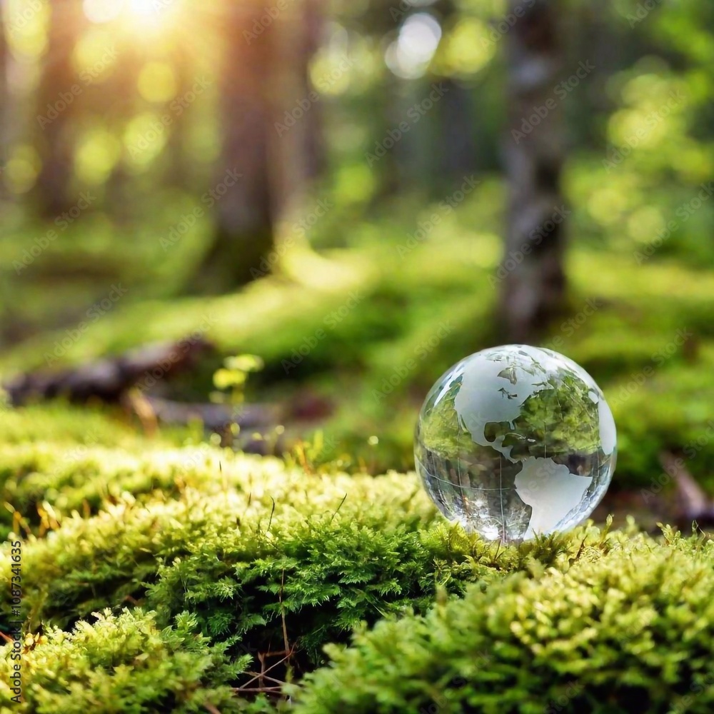 A high-resolution digital artwork of a transparent glass globe displaying continents, resting atop a lush, green forest floor covered with moss and small plants. Sunlight streams through the dense fol A high-resolution digital artwork of a transparent glass globe displaying continents, resting atop a lush, green forest floor covered with moss and small plants. Sunlight streams through the dense fol