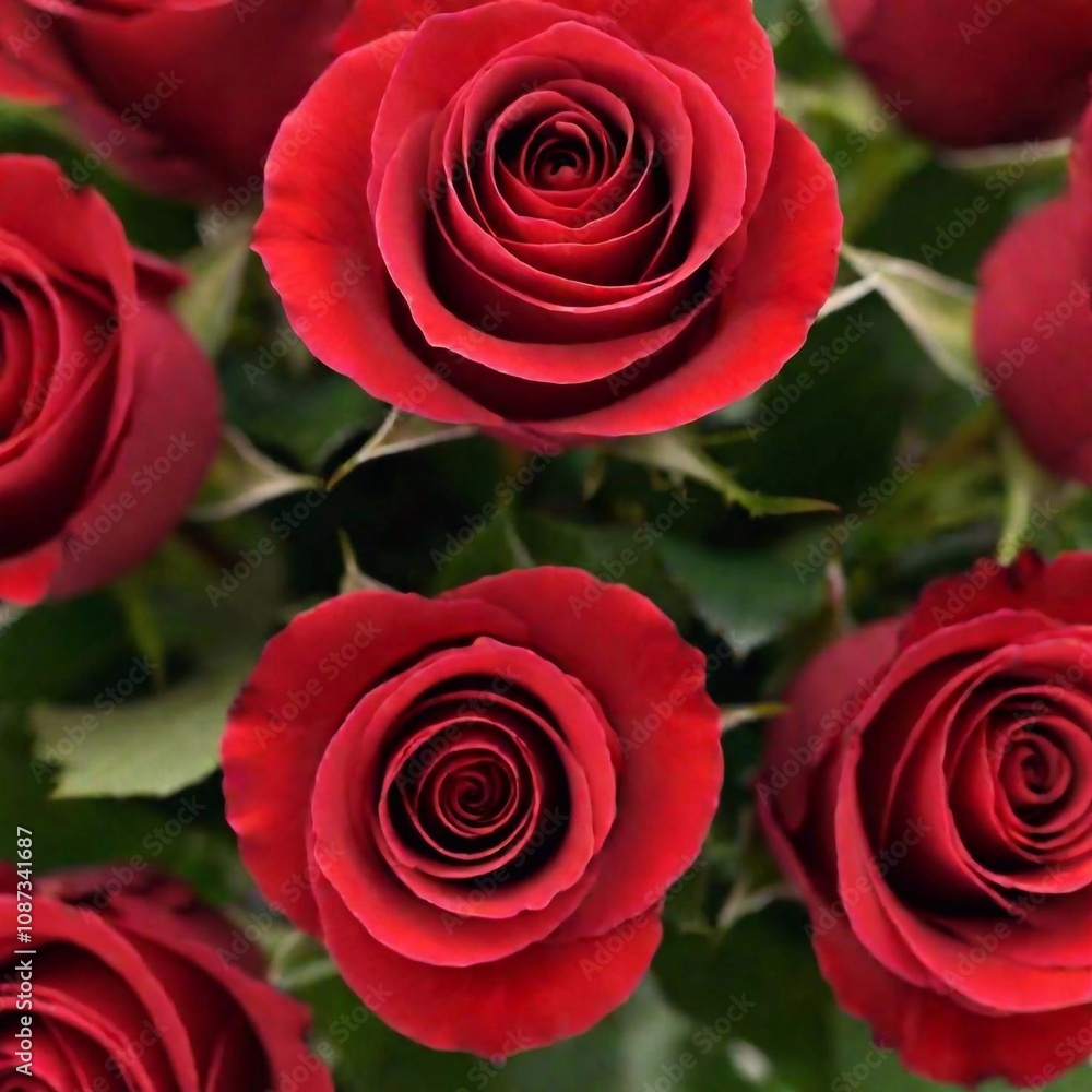 A high-resolution photograph capturing an ultra-realistic close-up of a bouquet of vibrant red roses. Each rose is intricately detailed with velvety petals that unfurl gracefully, displaying a rich, d A high-resolution photograph capturing an ultra-realistic close-up of a bouquet of vibrant red roses. Each rose is intricately detailed with velvety petals that unfurl gracefully, displaying a rich, d