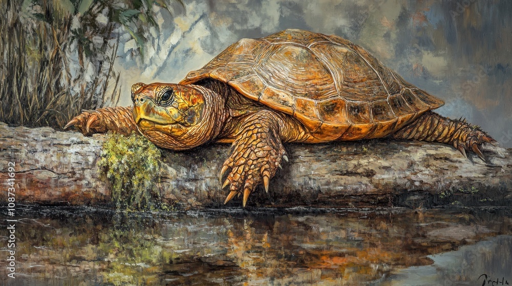 Naklejka premium Realistic Illustration of Turtle Resting on Log by a Calm Water Body with Natural Surroundings Enhancing Its Vibrant Colors and Textures in a Serene Environment