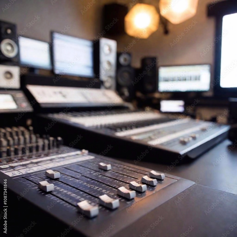 A high-resolution digital photograph of a professional audio recording studio. The foreground is dominated by a sophisticated mixing console featuring numerous sliders, knobs, and digital screens lit A high-resolution digital photograph of a professional audio recording studio. The foreground is dominated by a sophisticated mixing console featuring numerous sliders, knobs, and digital screens lit