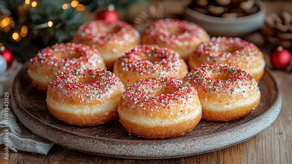 Festive donuts with colorful sprinkles on a wooden plate Festive donuts with colorful sprinkles on a wooden plate
