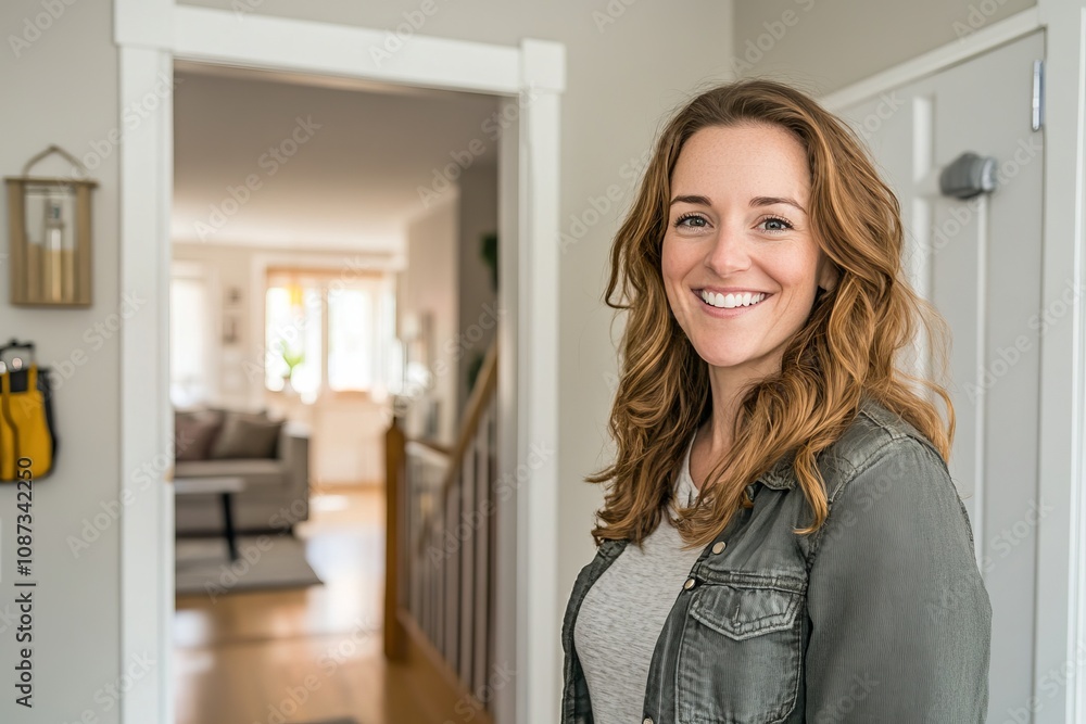 Smiling Woman in a Home Entrance - A Warm and Welcoming Interior Portrait Smiling Woman in a Home Entrance - A Warm and Welcoming Interior Portrait