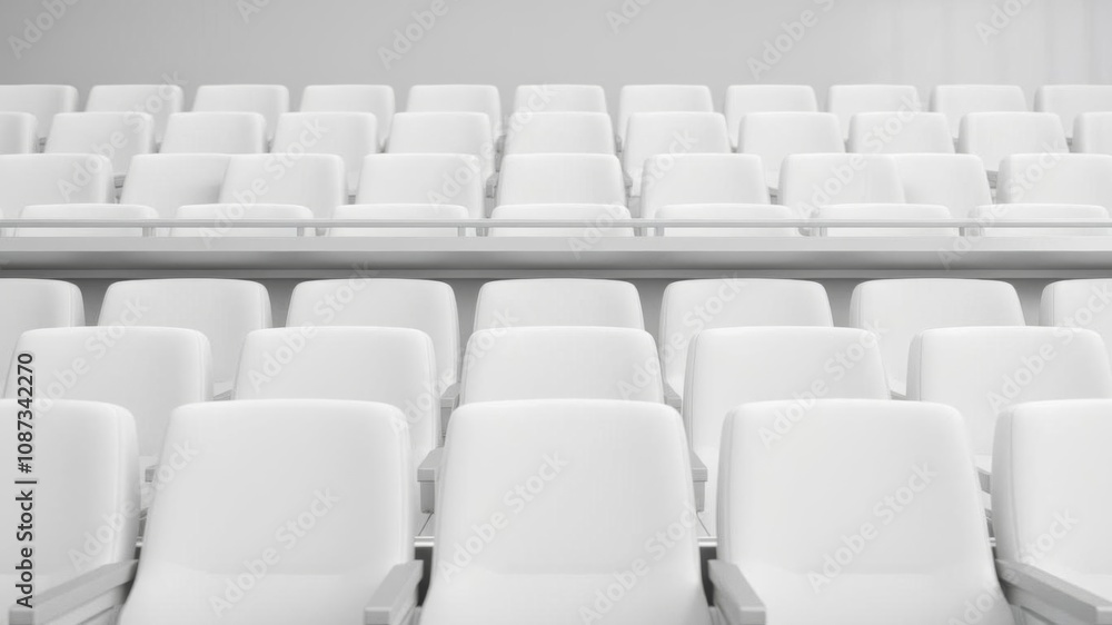 Close up view of three white seats lined up in a row against a white background, close up, empty, design Close up view of three white seats lined up in a row against a white background, close up, empty, design