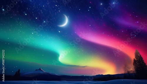 nighttime sky filled with stars crescent moon rainbow colored aurora borealis