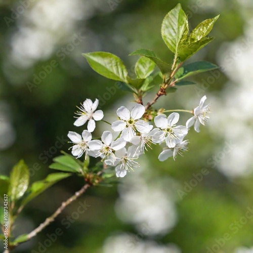 A high-resolution ultrarealistic image of a delicate branch adorned with white blossoms and vibrant green leaves. This digital artwork captures the intricacies of nature, showing finely detailed petal