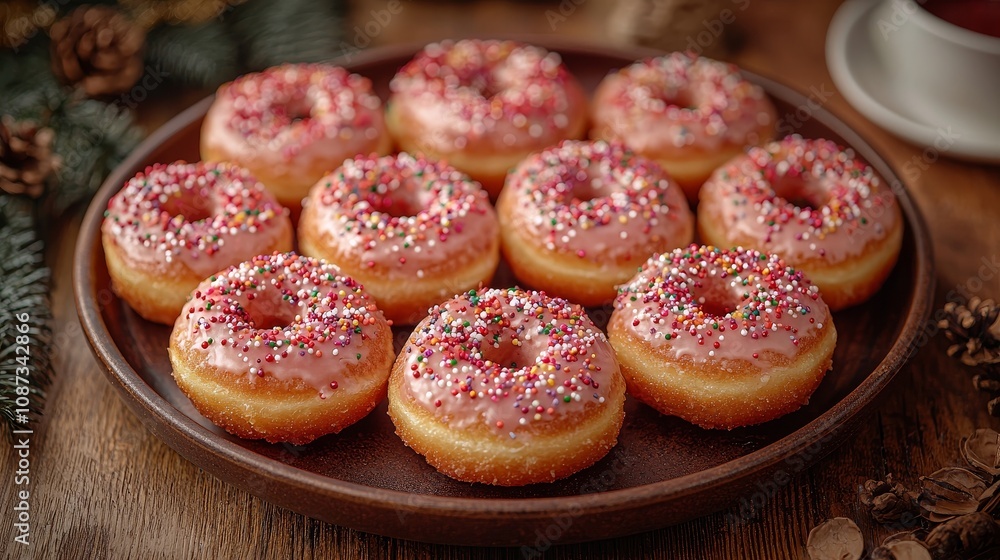 Delicious pink donuts with sprinkles on a wooden platter Delicious pink donuts with sprinkles on a wooden platter