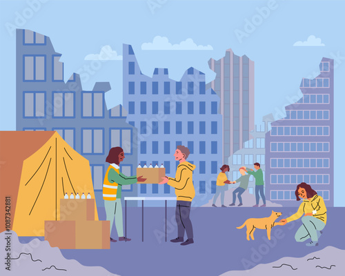 Cartoon Color Characters Volunteers Helping People after House Destruction Concept Flat Design Style. Vector illustration of Seismic Activity Natural Disaster