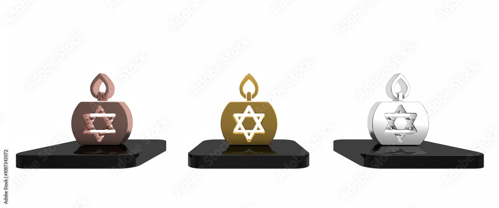 Colorful Burning candle in candlestick with star of david icon isolated on white background. Cylindrical candle stick with burning flame. Minimalism concept. 3D render illustration Colorful Burning candle in candlestick with star of david icon isolated on white background. Cylindrical candle stick with burning flame. Minimalism concept. 3D render illustration