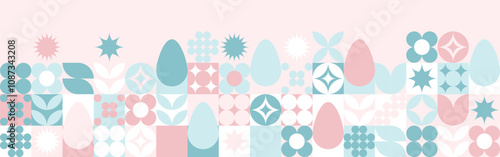 Seamless background with flowers for the spring holiday of Easter with a texture of circles and squares. Wallpaper mosaic with geometric shapes, pastel background with eggs and hares.