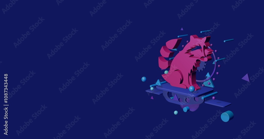 Naklejka premium Pink raccoon symbol on a pedestal of abstract geometric shapes floating in the air. Abstract concept art with flying shapes on the right. 3d illustration on indigo background