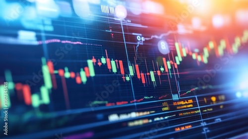 A digital stock market chart displaying fluctuating prices and trading data.