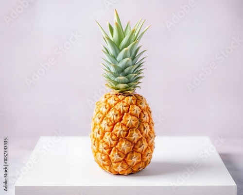 there is a pineapple sitting on a white square on a table. photo