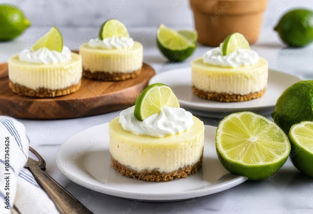 A close-up of mini key lime cheesecakes with whipped cream and lime slices on top