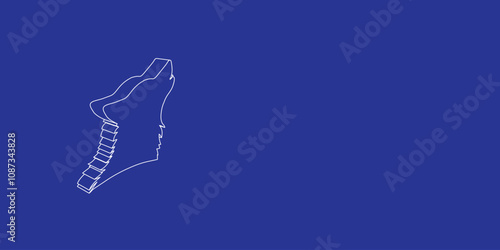 The outline of a large wolf head symbol made of white lines on the left. 3D view of the object in perspective. Vector illustration on indigo background