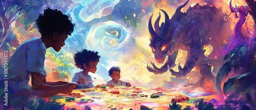 Illustrate an adventurous family playing a magical board game in a mystical setting with fantastical creatures, showcasing vibrant colors in a whimsical watercolor technique
