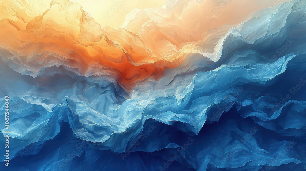 A colorful, abstract painting of a wave with a blue and orange swirl. The painting has a dreamy, ethereal quality to it, with the colors blending A colorful, abstract painting of a wave with a blue and orange swirl. The painting has a dreamy, ethereal quality to it, with the colors blending