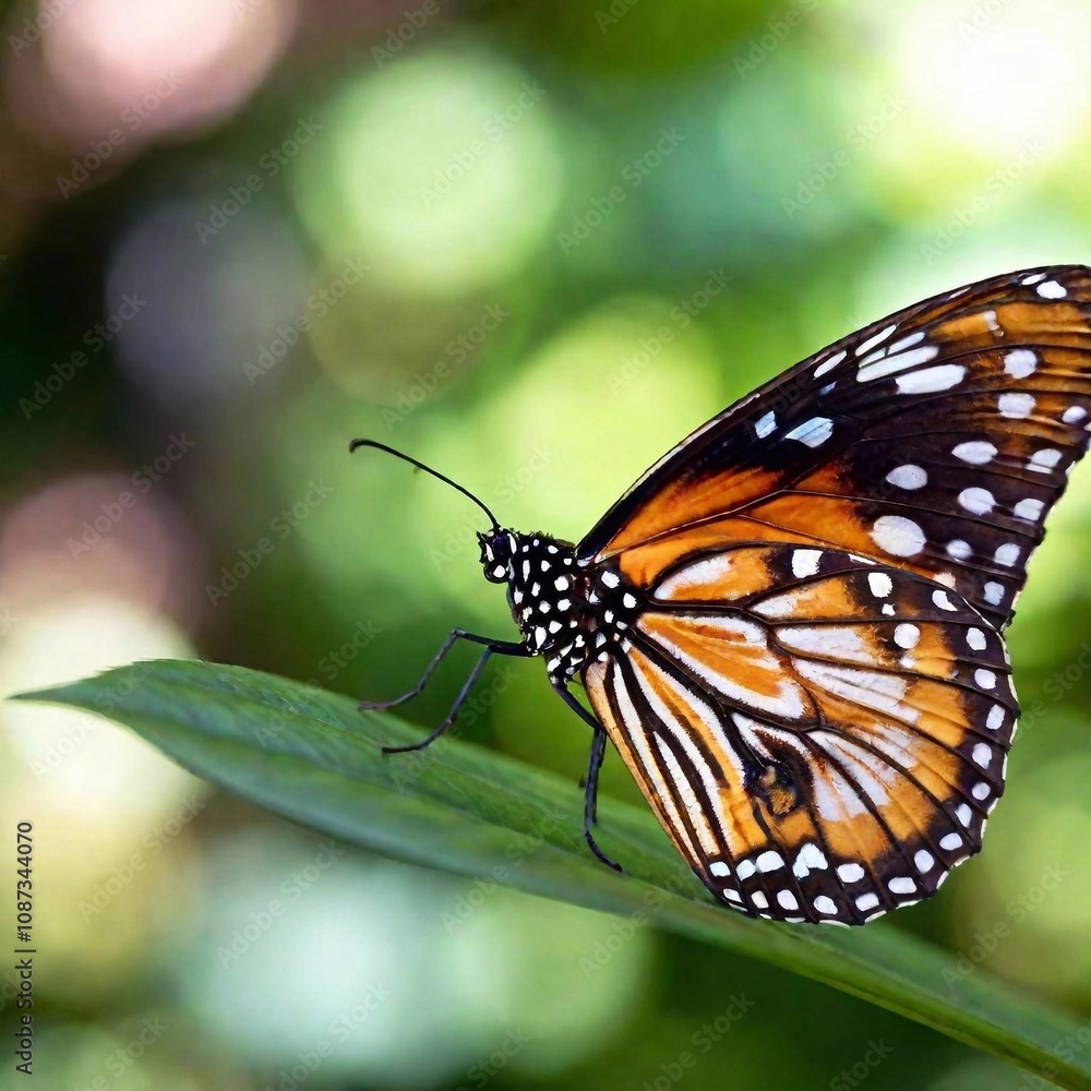 Fototapeta premium A macro photo of a butterfly with iridescent wings catching the light, soft focus creating a gentle blur of colors in the background, low angle shot that highlights the shimmering scales and the delic