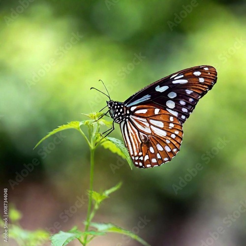 A close-up photo of a butterfly in flight, wings slightly blurred to convey motion, deep focus on its body and head, eye-level shot capturing its expressive eyes and unique patterns, giving a sense of