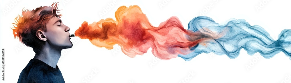 Fototapeta premium A colorful silhouette of a person exhaling vibrant smoke, creating a mesmerizing blend of orange and blue hues.